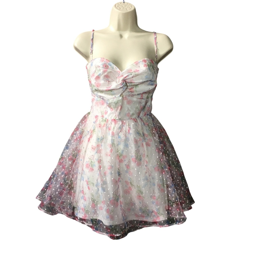 Lucy In The Sky Floral Twist front Mesh Mini Dress L White Party Romantic